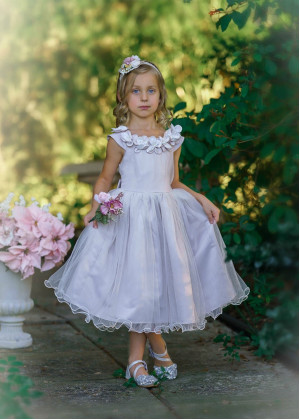 Cap Sleeves Oyster Satin Tulle Sweet Flower Girl Dress With 3D Flowers